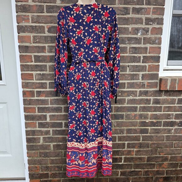 Faithfull The Brand Red Blue Floral Atlas Dress Size 6 Wrap Tassels Boho  Western